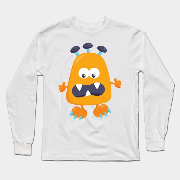 Cute Monster, Orange Monster, Horns, Funny Monster Long Sleeve T-Shirt by Jelena Dunčević